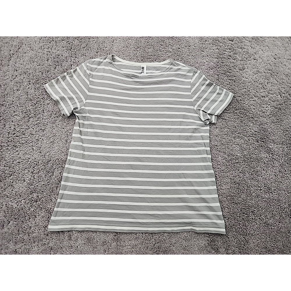 MHL by Margaret Howell T Shirt Womens L Gray White Striped Short Sleeve Casual
